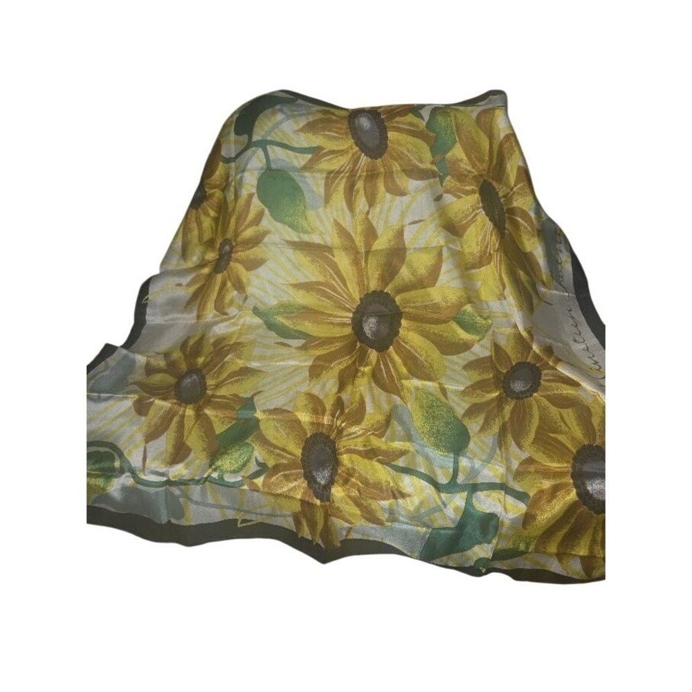 Nineteen Twenty Eight Sunflower Print Silk Scarf Yellow Green Black Floral 33in